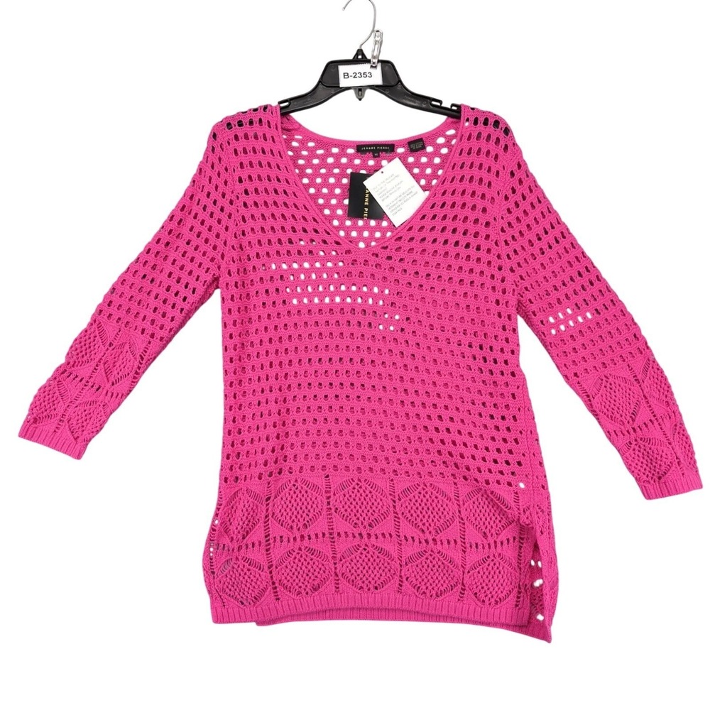 NWT Jeanne Pierre Fuchsia Pink Tunic Sweater Womens M Open Knit Cotton Resort